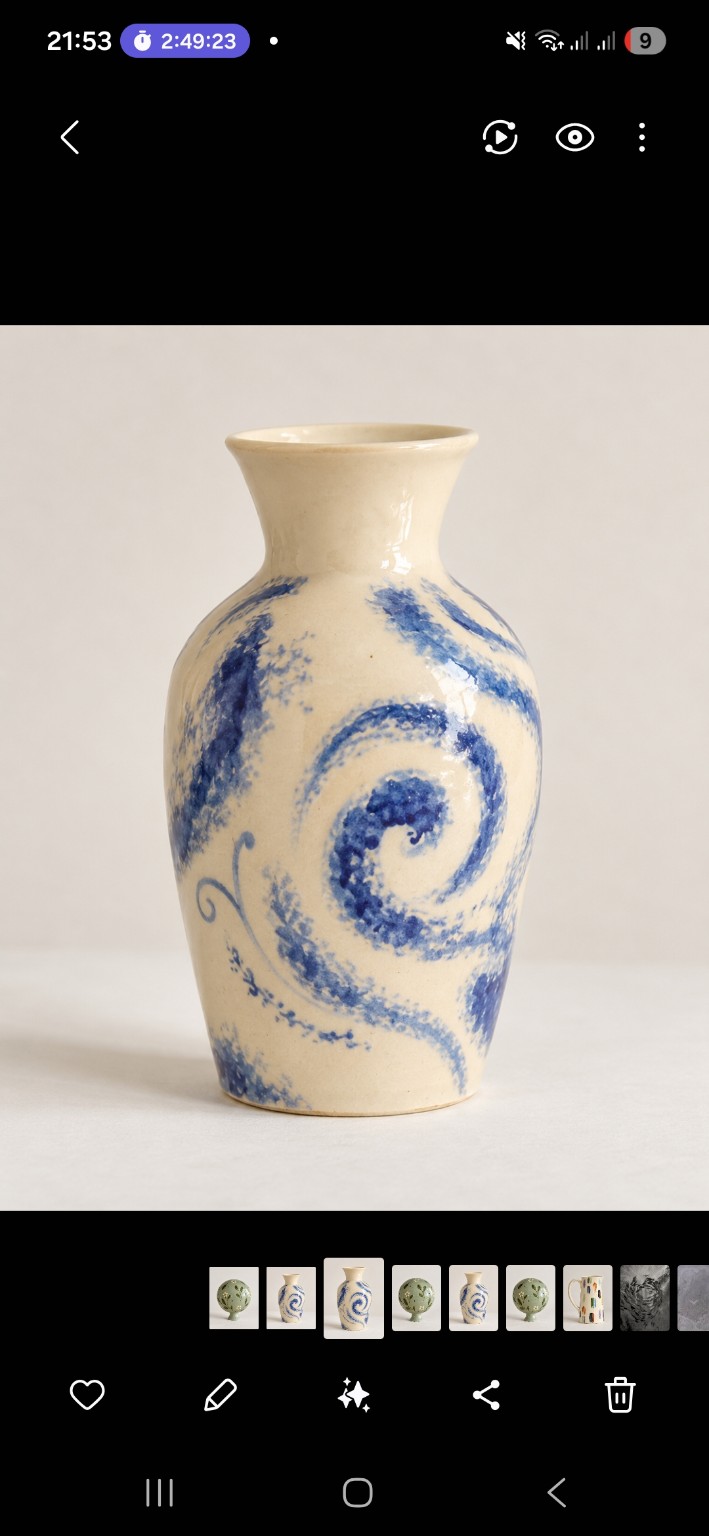 Elfenbeinfarbene Vase mit blauem Spiralendekor